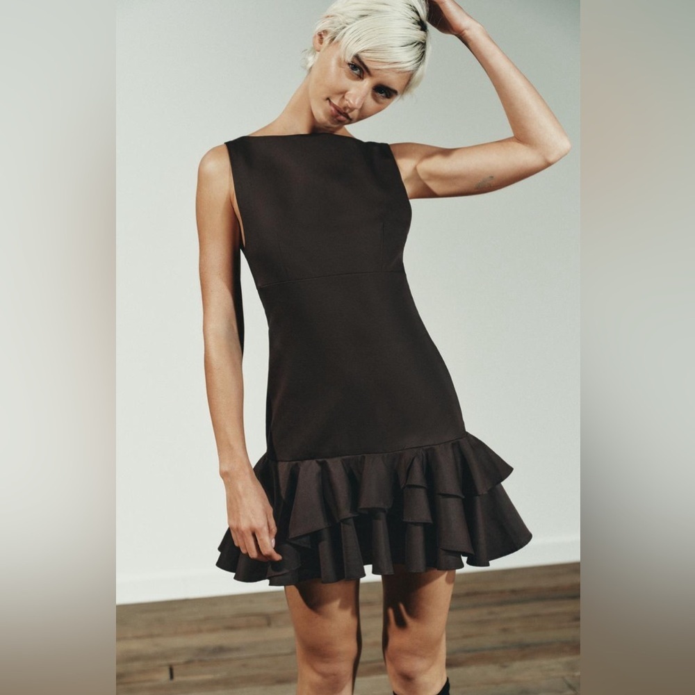 Zara Dark Brown Tiered Ruffle Mini Dress Boat Neck Sleeveless Size S